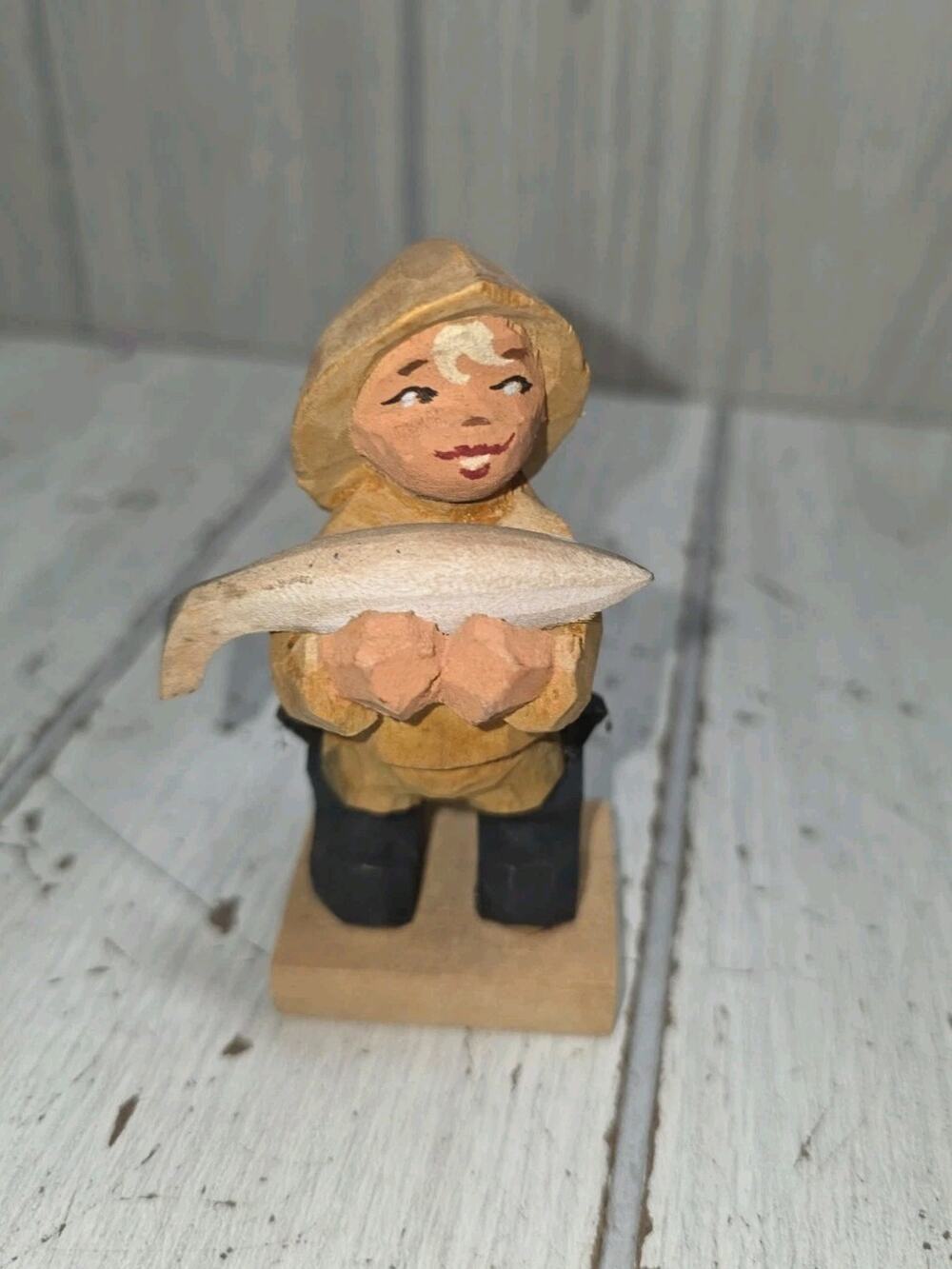 Vintage Norway Wooden Fisherman Boy Hand Carved & Painted Collectors Piece